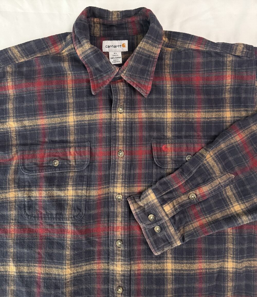 Carhartt Flannel Shirt Mens XLT Tall Long Sleeve Heavyweight Work Blue Red Plaid
